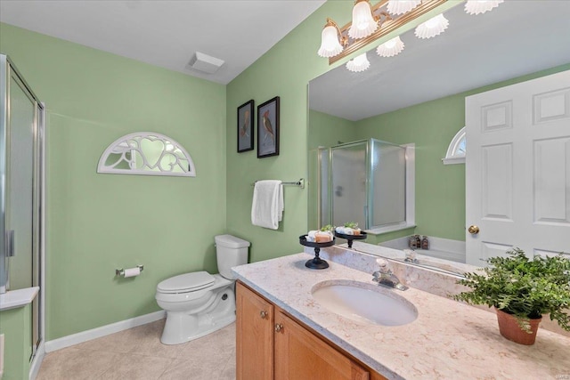 bathroom with toilet, vanity, visible vents, a shower stall, and tile patterned floors