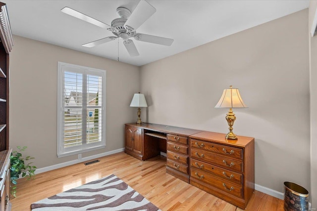 office area featuring baseboards, visible vents, and light wood finished floors