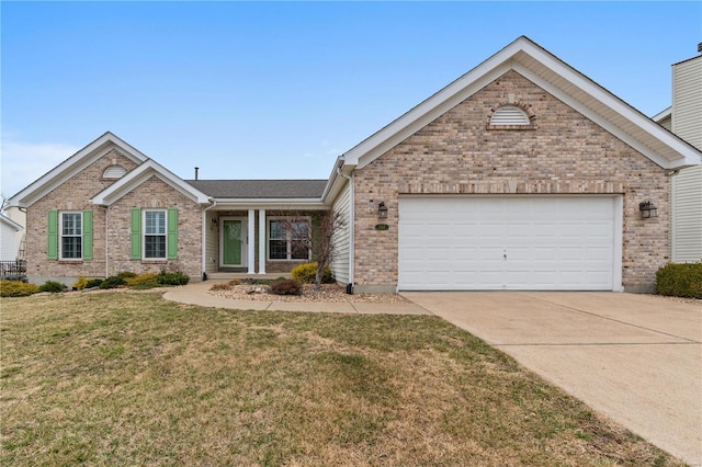 single story home featuring a garage, driveway, a front lawn, and brick siding