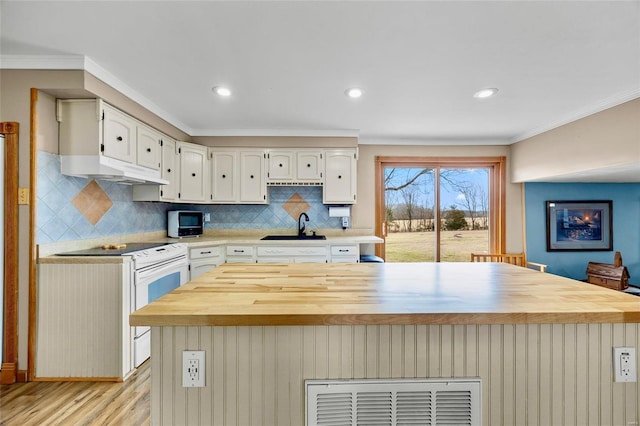 kitchen with under cabinet range hood, butcher block counters, a sink, electric stove, and crown molding