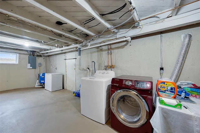 laundry room featuring laundry area, washing machine and dryer, and electric panel