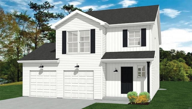 view of front of property with board and batten siding, concrete driveway, a front yard, and roof with shingles