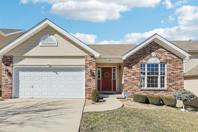 ranch-style home with a garage, driveway, brick siding, and a shingled roof