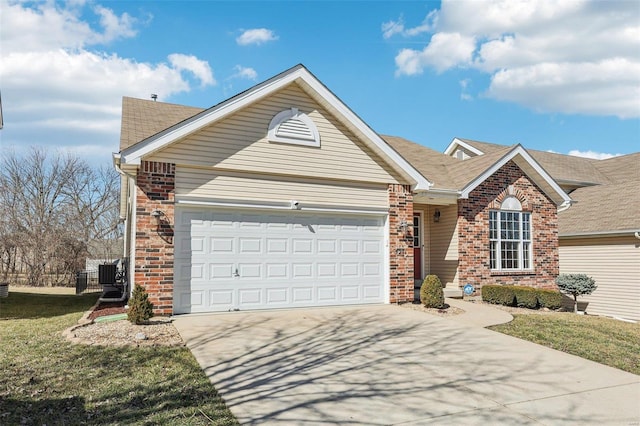 single story home with driveway, a garage, brick siding, central AC unit, and a front yard