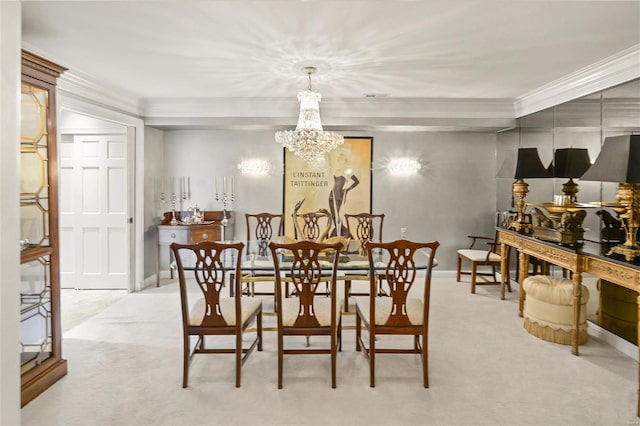 dining room featuring baseboards, visible vents, light colored carpet, ornamental molding, and a notable chandelier