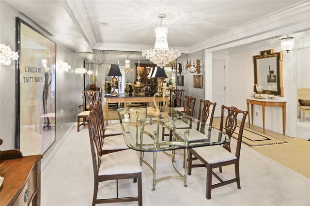 dining space with ornamental molding, light tile patterned flooring, visible vents, and an inviting chandelier