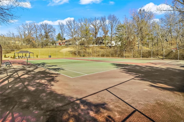 view of tennis court featuring fence