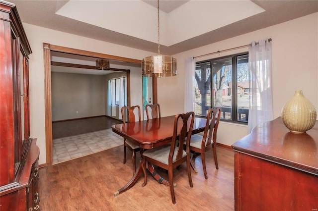 dining room with a raised ceiling, baseboards, and wood finished floors