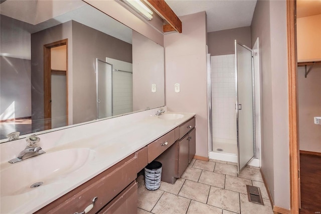 full bathroom featuring a stall shower, visible vents, a sink, and double vanity