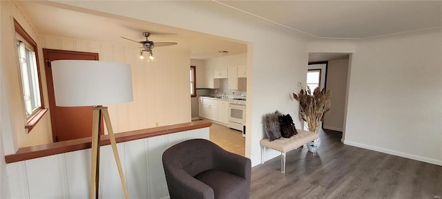 interior space with light wood finished floors, a ceiling fan, a wealth of natural light, and baseboards