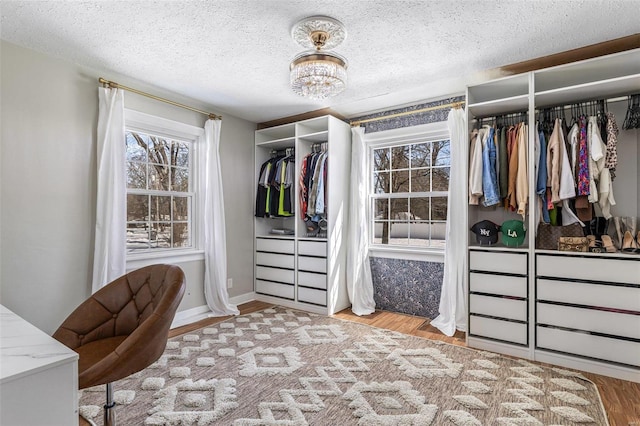 walk in closet featuring a chandelier and light wood-type flooring