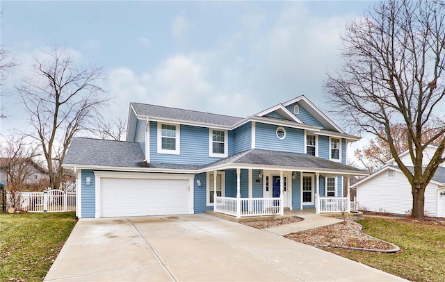 view of front of property with a garage, concrete driveway, a porch, fence, and a front lawn