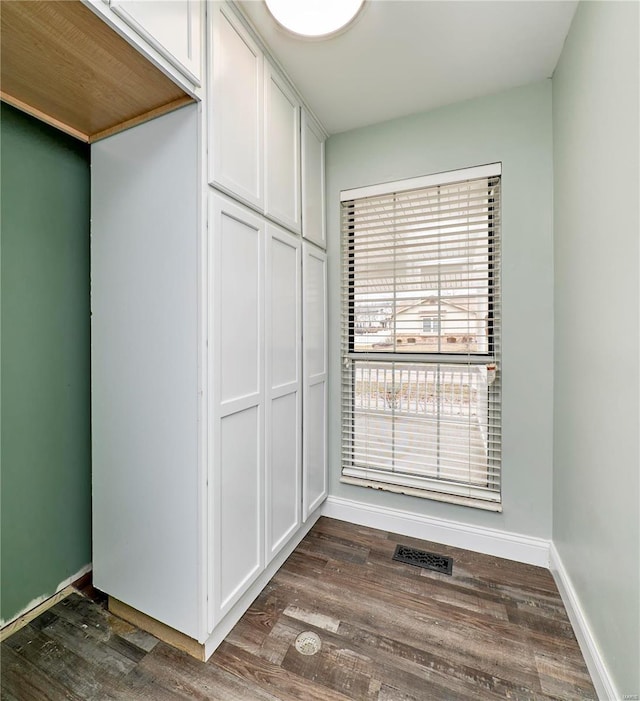 interior space featuring baseboards, visible vents, dark wood finished floors, and a closet