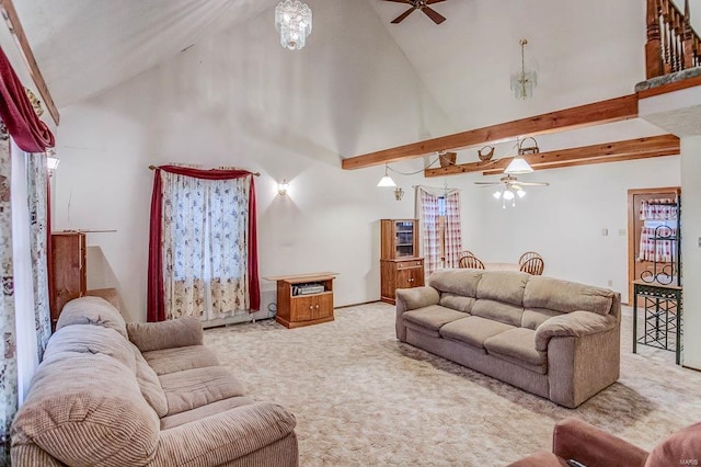 living area featuring ceiling fan, high vaulted ceiling, and carpet