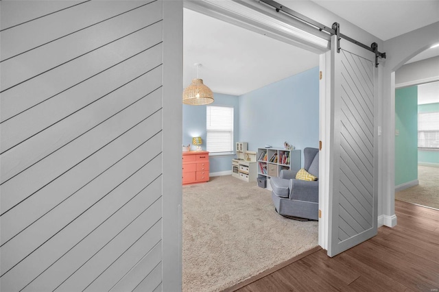 living area with wood finished floors, baseboards, carpet floors, arched walkways, and a barn door