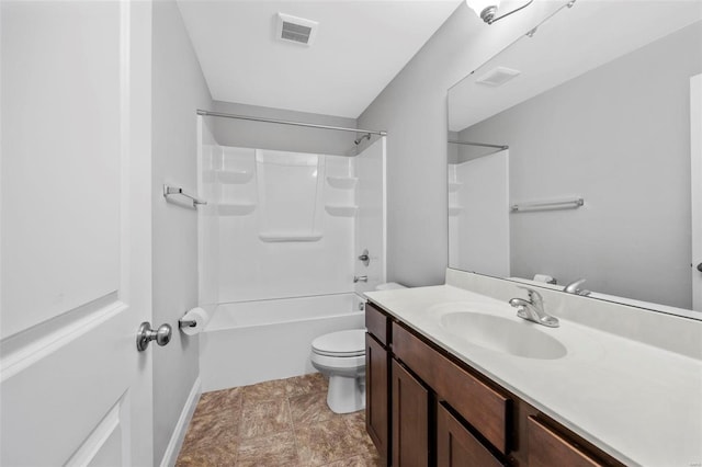 bathroom featuring vanity, shower / tub combination, toilet, and visible vents