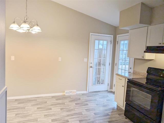 kitchen featuring under cabinet range hood, visible vents, white cabinetry, black electric range, and light countertops