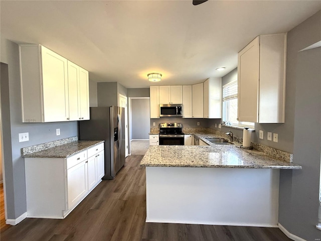 kitchen featuring stainless steel appliances, light stone counters, a peninsula, and a sink