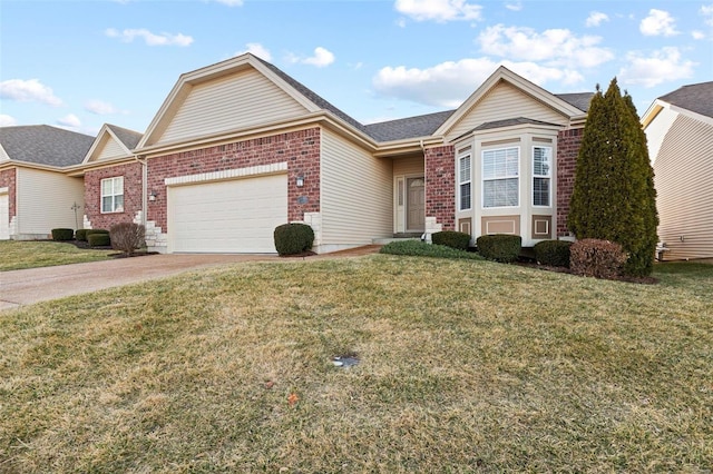 view of front facade featuring a garage, a front lawn, concrete driveway, and brick siding