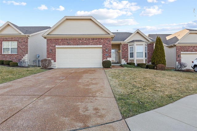 ranch-style home with a front yard, brick siding, driveway, and an attached garage