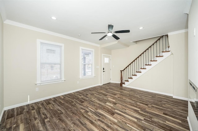 foyer featuring baseboards, dark wood-style floors, stairs, crown molding, and recessed lighting