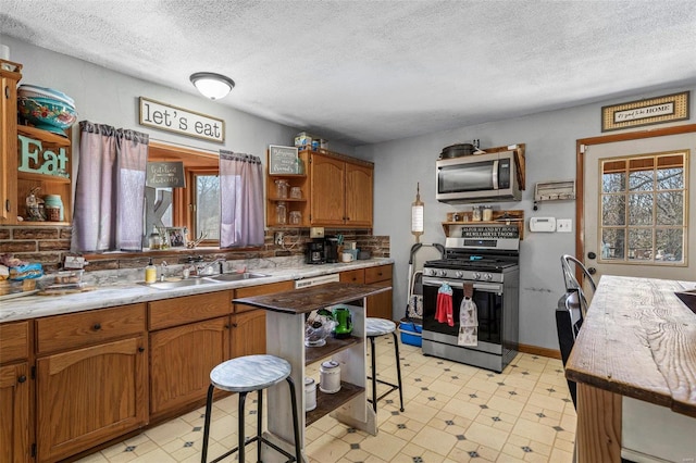 kitchen with open shelves, light floors, a sink, and stainless steel appliances