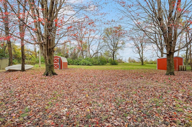 view of yard featuring an outbuilding and a storage shed