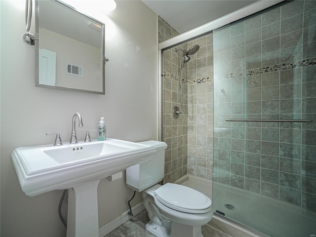 bathroom featuring visible vents, a stall shower, toilet, and baseboards