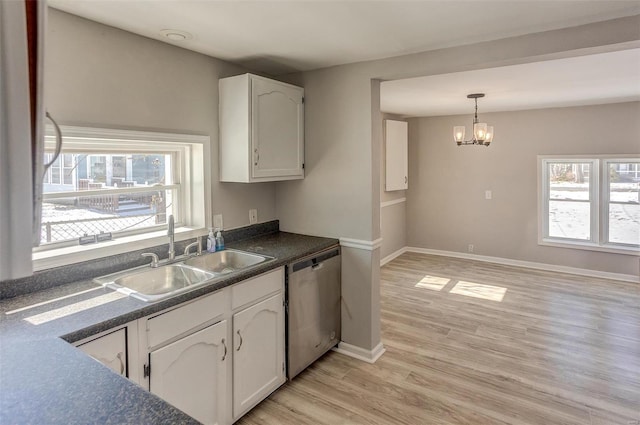 kitchen featuring a sink, white cabinetry, stainless steel dishwasher, and hanging light fixtures