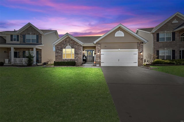 view of front of house with brick siding, a porch, concrete driveway, a lawn, and an attached garage