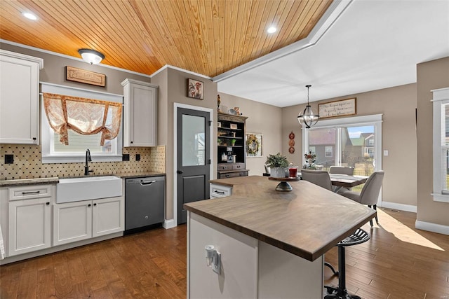 kitchen with a sink, wood ceiling, dark wood-style floors, decorative backsplash, and dishwasher