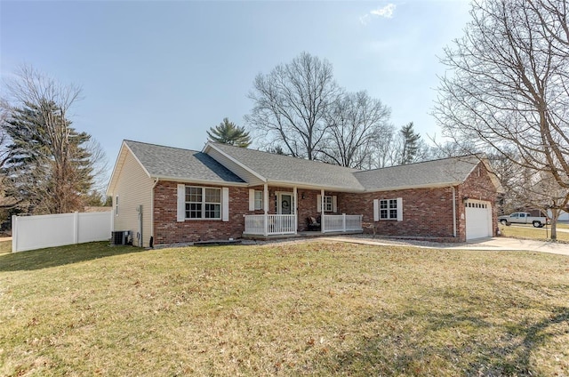 ranch-style house with brick siding, an attached garage, covered porch, fence, and a front yard