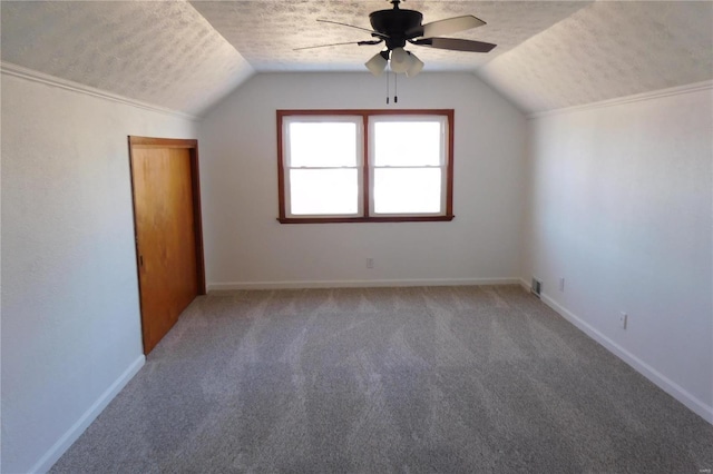 additional living space with a textured ceiling, carpet floors, lofted ceiling, and baseboards