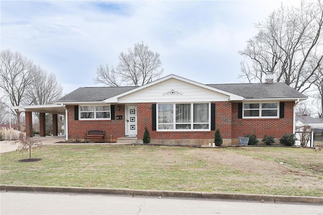 ranch-style house featuring brick siding, a shingled roof, a carport, a front lawn, and a chimney