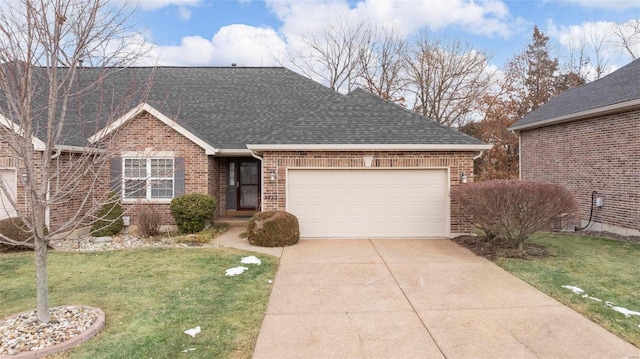 view of front of house with a shingled roof, brick siding, driveway, and a garage