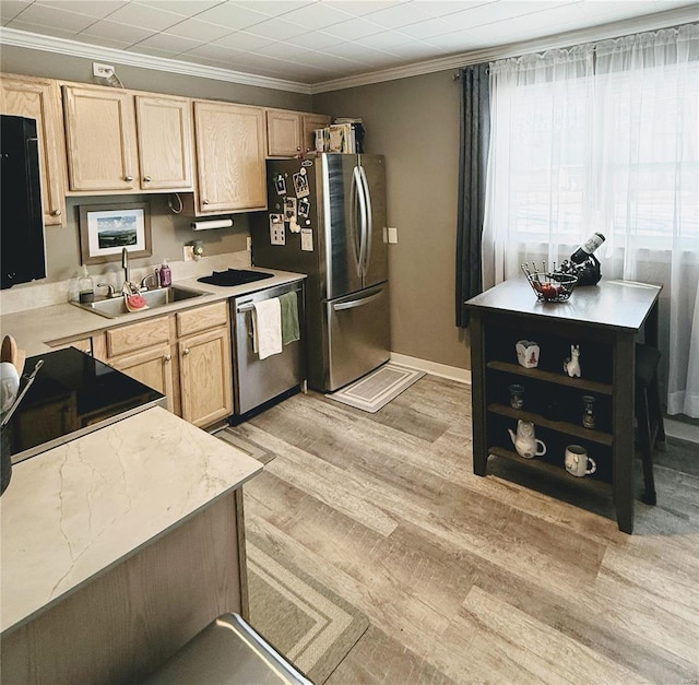 kitchen featuring light brown cabinets, stainless steel appliances, a sink, light countertops, and ornamental molding