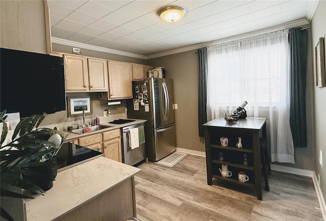 kitchen featuring ornamental molding, stainless steel appliances, light countertops, light brown cabinetry, and a sink