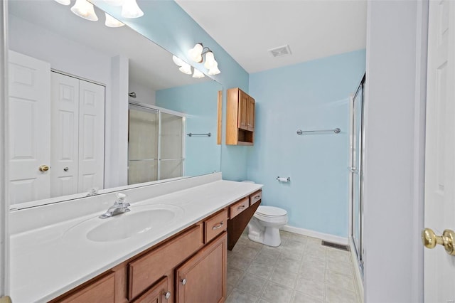 full bath with toilet, vanity, visible vents, a closet, and a stall shower