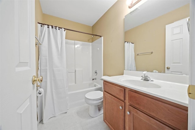 bathroom featuring toilet, shower / tub combo, vanity, and visible vents