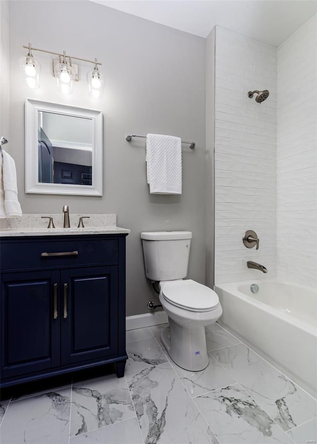 full bath with marble finish floor, shower / bath combination, toilet, vanity, and baseboards