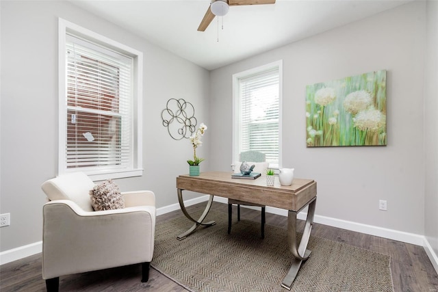 office space with dark wood finished floors, a ceiling fan, and baseboards