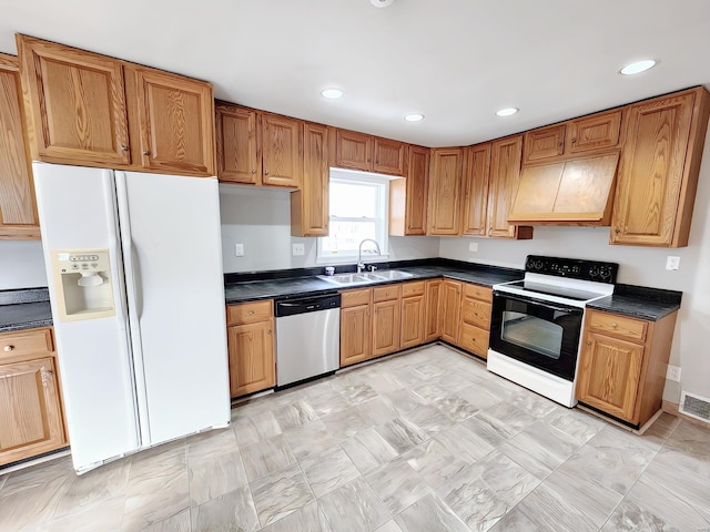 kitchen featuring electric stove, a sink, white fridge with ice dispenser, premium range hood, and dishwasher