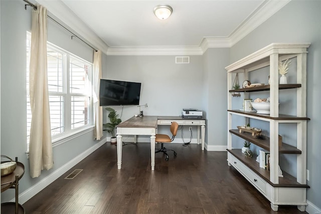 home office with crown molding, baseboards, visible vents, and dark wood-style flooring