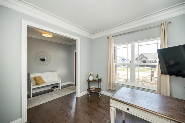 home office with baseboards, dark wood-type flooring, and ornamental molding