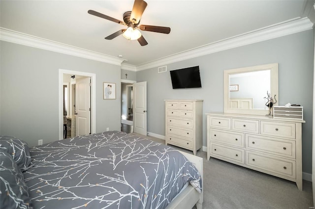 bedroom featuring baseboards, visible vents, ceiling fan, crown molding, and carpet flooring