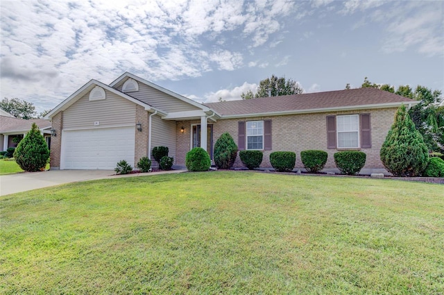 ranch-style home with a garage, concrete driveway, a front lawn, and brick siding