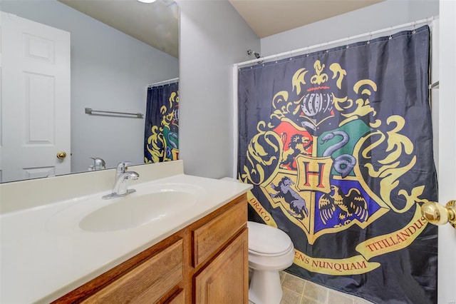 full bathroom with a shower with curtain, vanity, toilet, and tile patterned floors