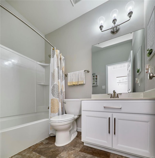 bathroom featuring toilet, shower / bathtub combination with curtain, and vanity