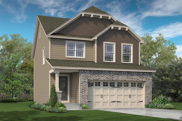 craftsman house featuring an attached garage, driveway, a front lawn, and brick siding