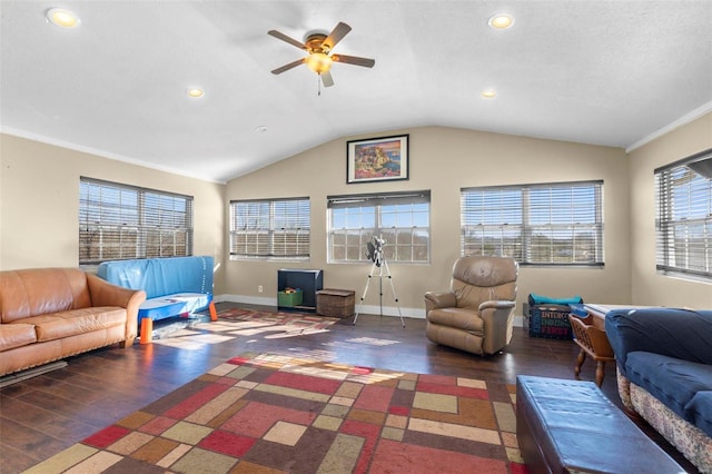 living room featuring recessed lighting, a ceiling fan, vaulted ceiling, wood finished floors, and baseboards